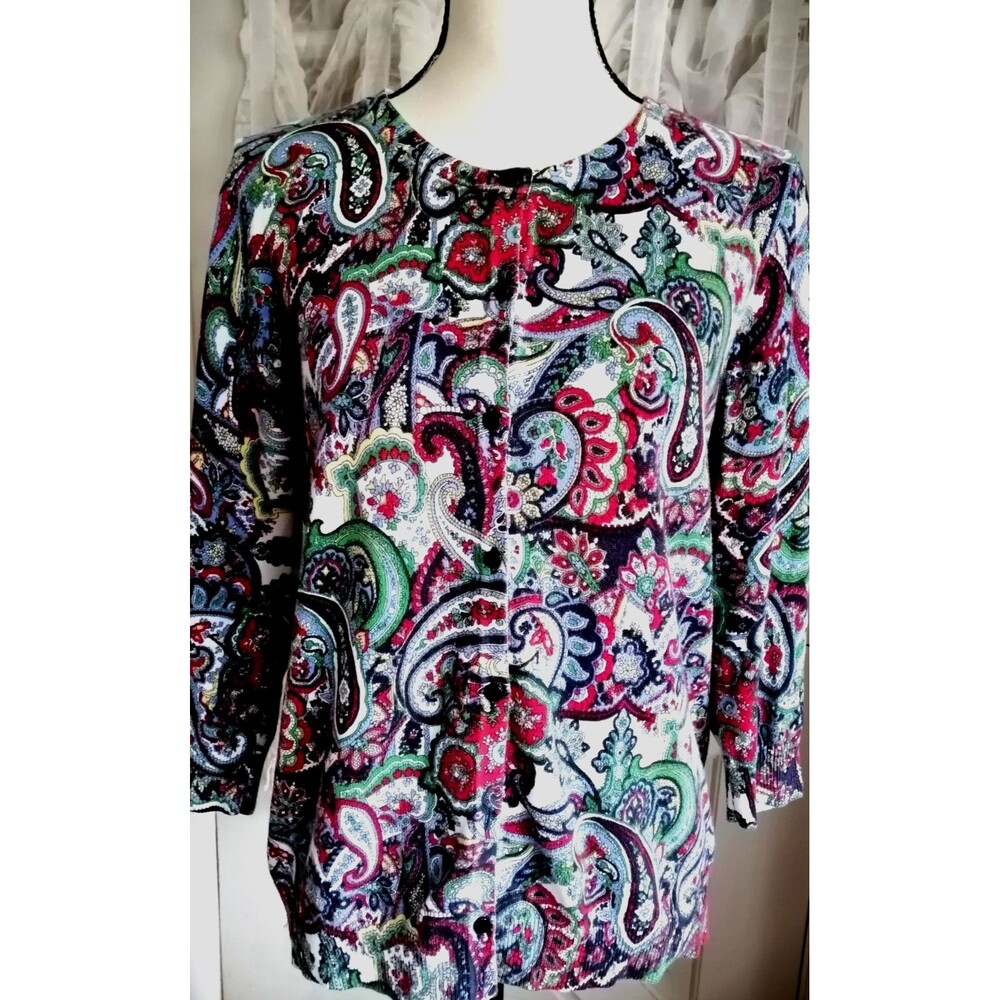 Talbots Cardigan Sweater Red Green Paisley 3/4 Long Sleeve Size M Cotton